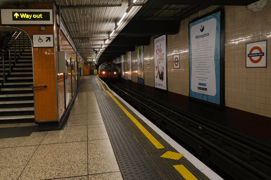 A set of industrial stairs with black and yellow striped treads, leading up to the Tooting Broadway station access; the stairs are flanked by yellow handrails on both sides and are located in an indoo
